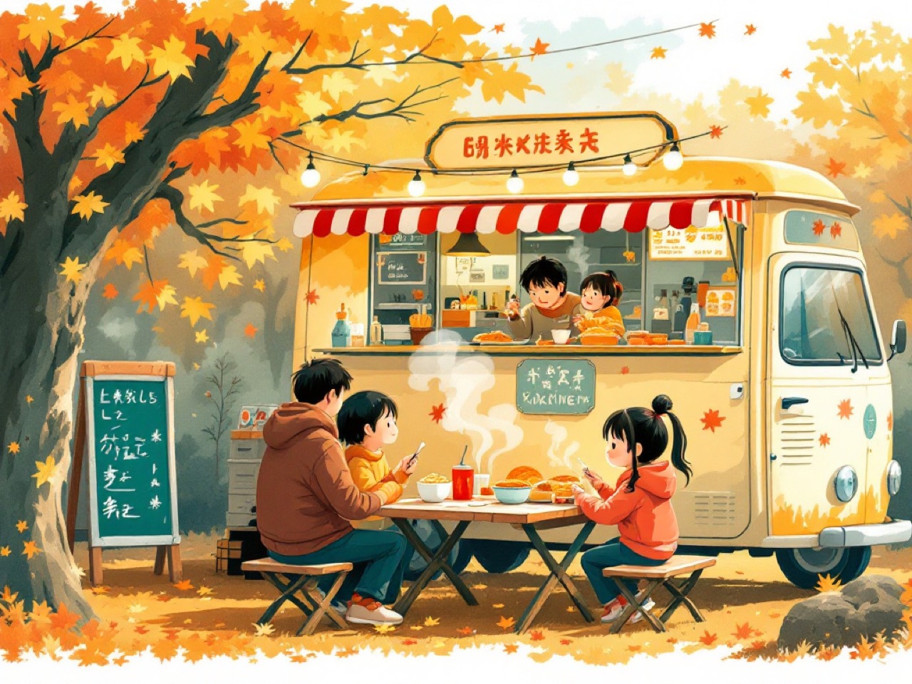キッチンカーで家族がランチを楽しむイラスト
