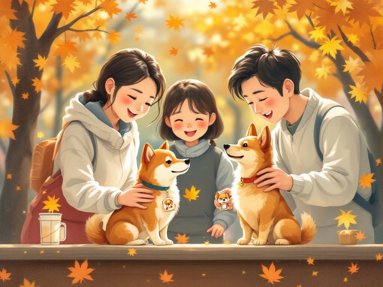 ペットと一緒に楽しむ家族のイラスト