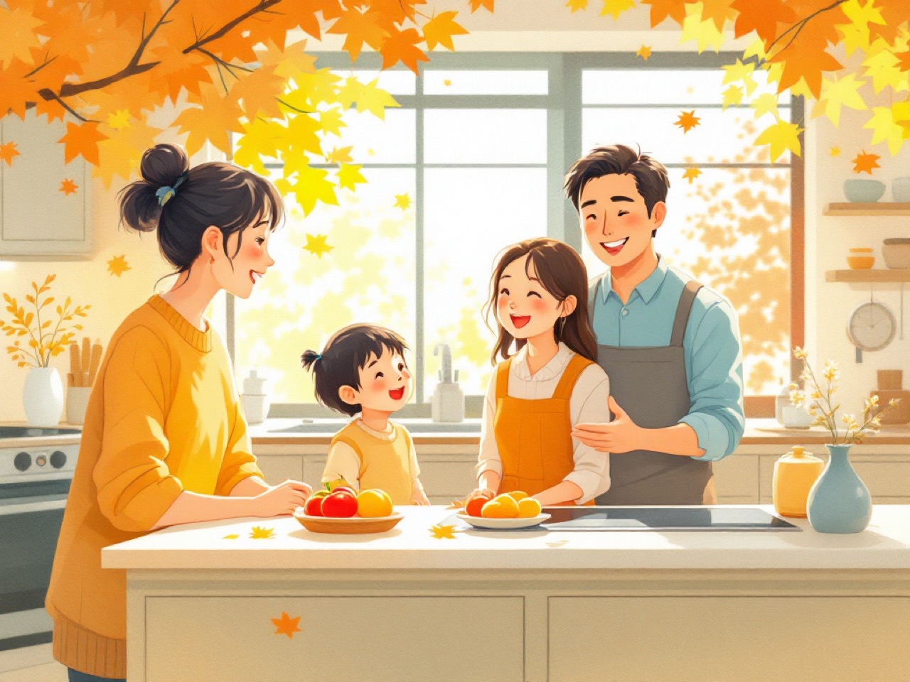 家族で最新キッチンを見学するイラスト