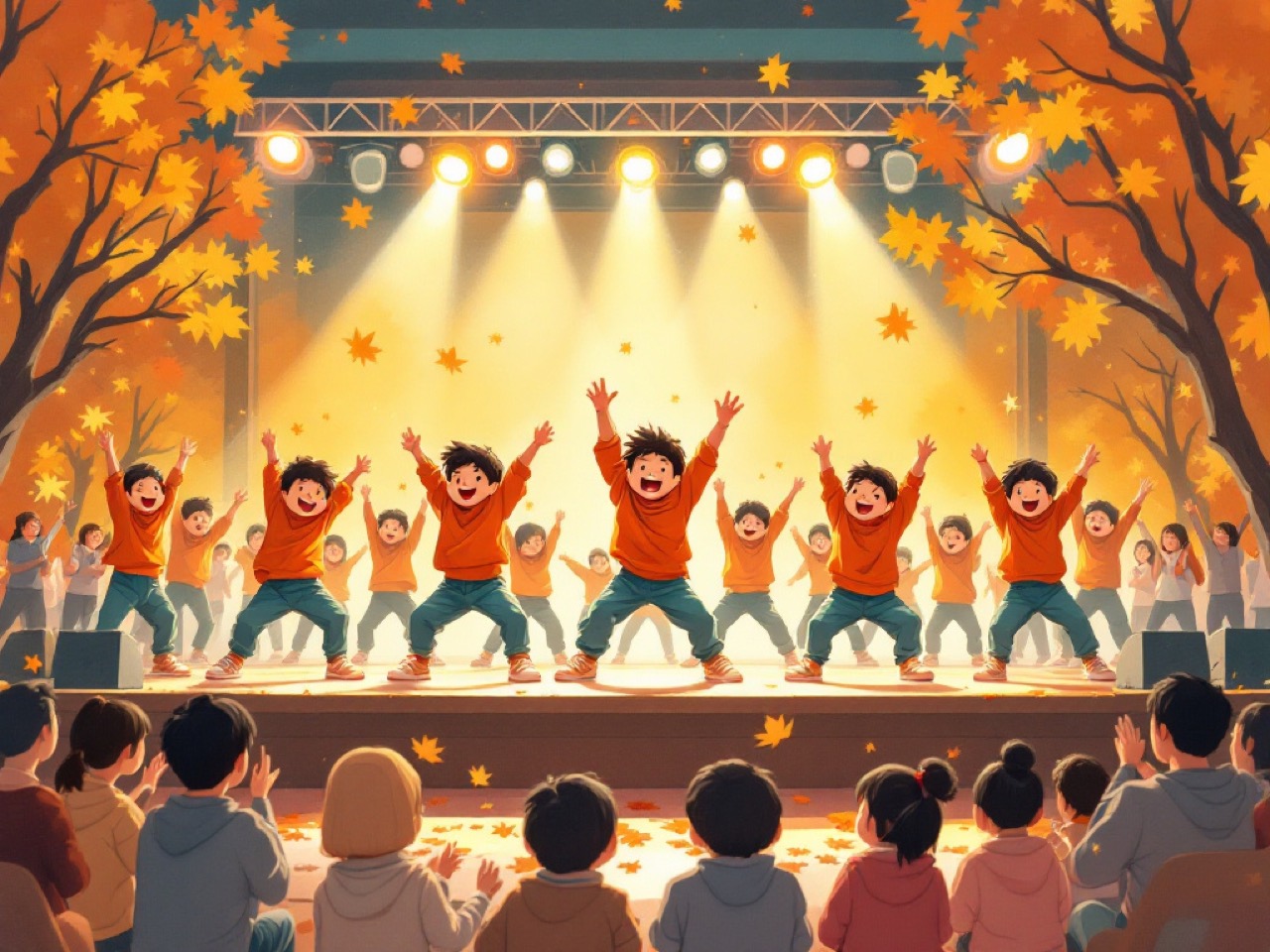 キッズダンスのステージを家族で応援するイラスト