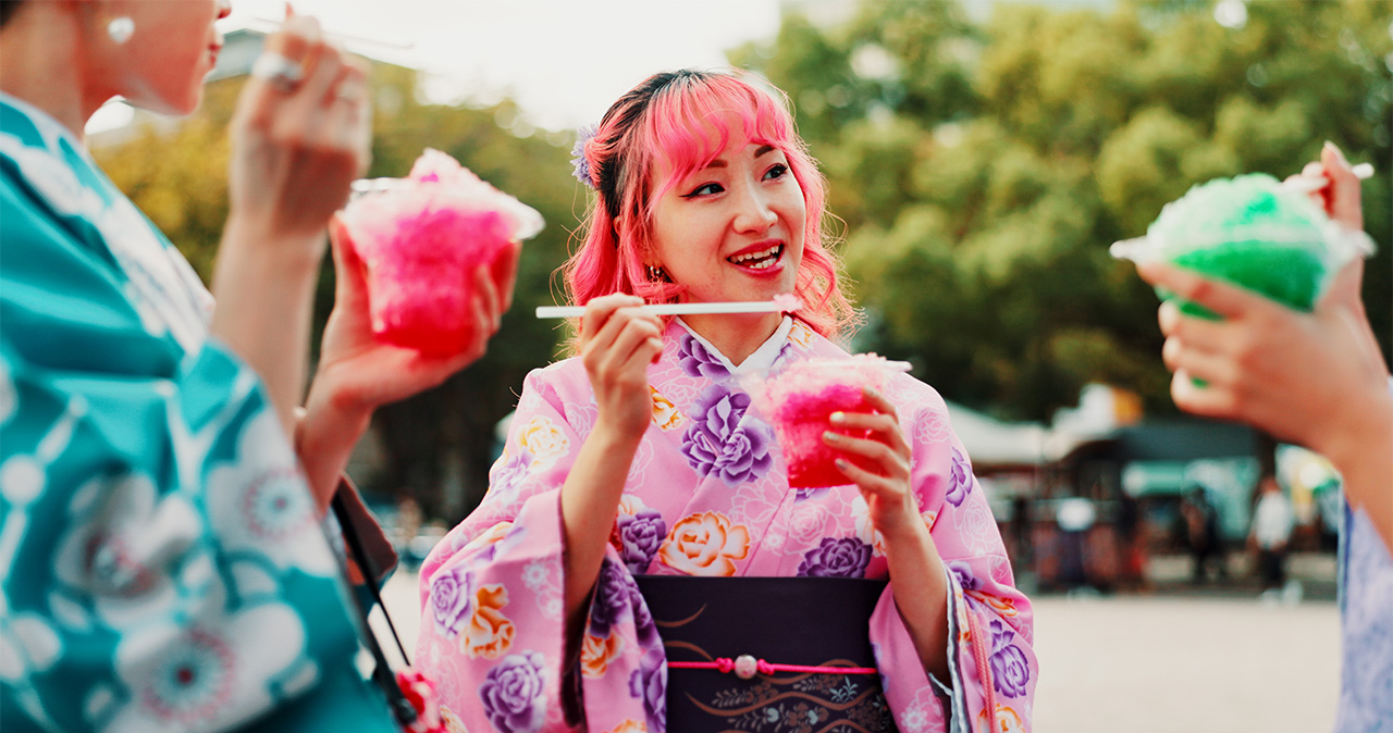 お祭り、浴衣、かき氷